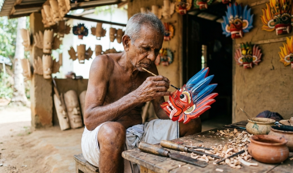 Skilled craftsman at work in Ambalangoda, Sri Lanka, traditional arts and culture