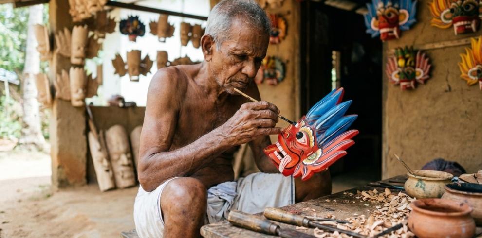 Skilled craftsman at work in Ambalangoda, Sri Lanka, traditional arts and culture