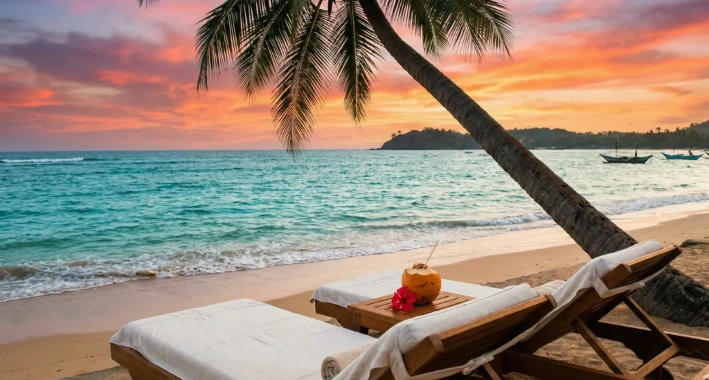 A relaxing luxury beach scene in Sri Lanka, perfect for travel and tropical vacations