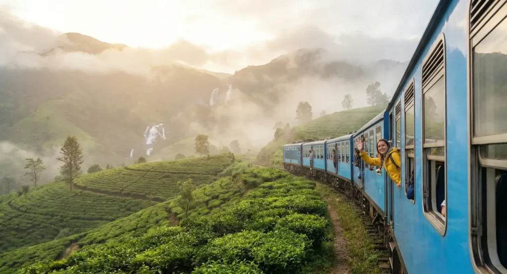 A stunning travel shot of the famous blue train in Sri Lanka, perfect for luxury and adventure travel