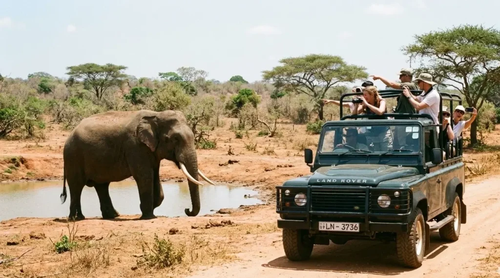 Tourists observing an elephant in Sri Lanka on a luxury safari adventure