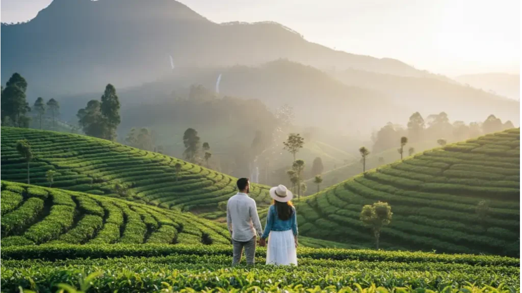 Couple exploring a lush green tea plantation in Sri Lanka on a luxury travel experience