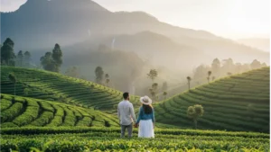 couple standing in the middle of a lush green tea plantation i | Ceylon Signature - Sri Lanka
