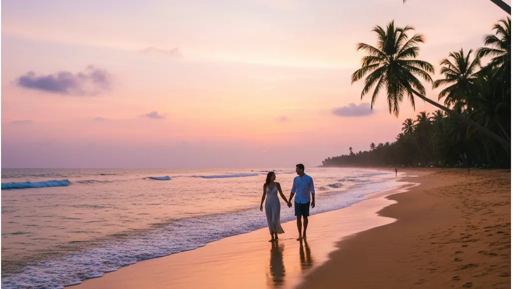 Couple walking together in a scenic Sri Lanka destination during luxury travel