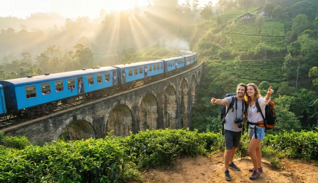 Famous Nine Arch Bridge in Ella, Sri Lanka surrounded by lush greenery and scenic views