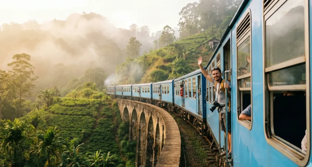 Famous blue train in Sri Lanka crossing the iconic Nine Arch Bridge surrounded by lush greenery