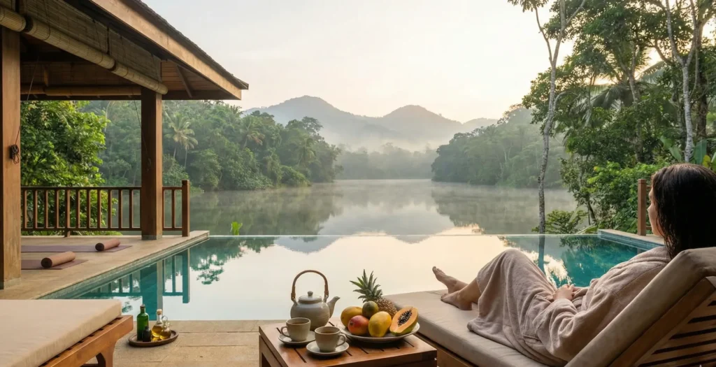 Guest relaxing on a comfortable lounge chair at a luxury resort in Sri Lanka