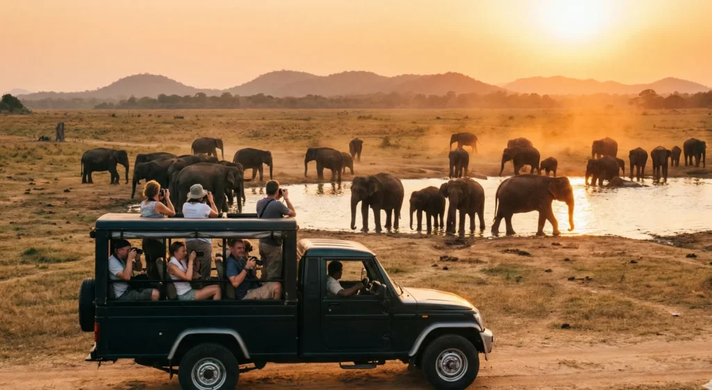 Safari-Jeep, der die Wildreservate und üppigen Landschaften von Sri Lanka erkundet