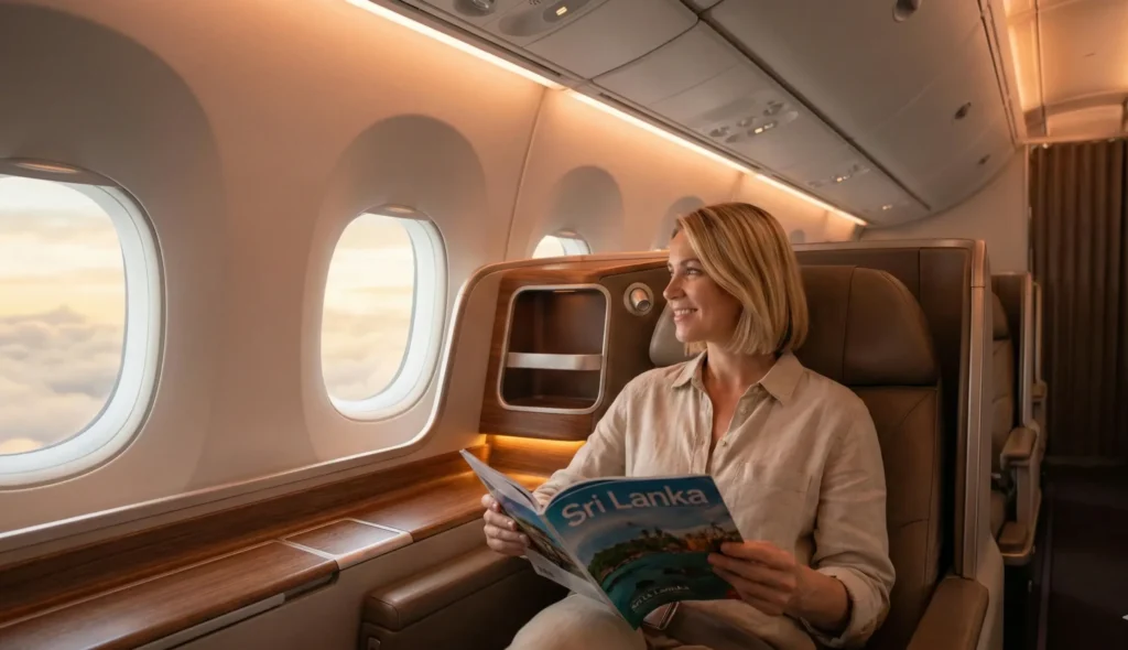 Relaxed European female traveler enjoying luxury travel experiences in Sri Lanka