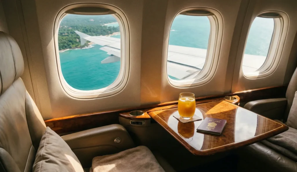 Luxuriöse Aussicht aus dem Flugzeugfenster auf die Küste von Sri Lanka mit Reisepass und Orangensaft