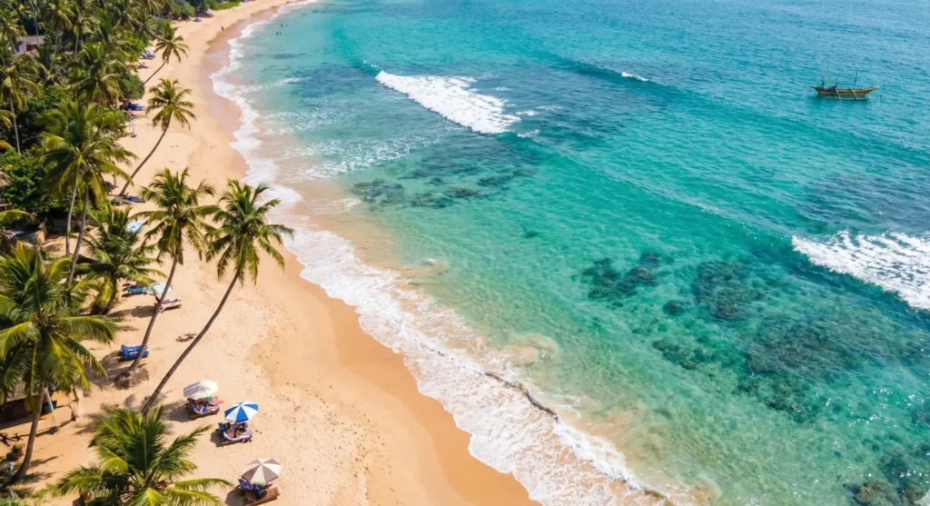 Tropical beach in Mirissa, Sri Lanka with golden sand and turquoise waters for luxury travel