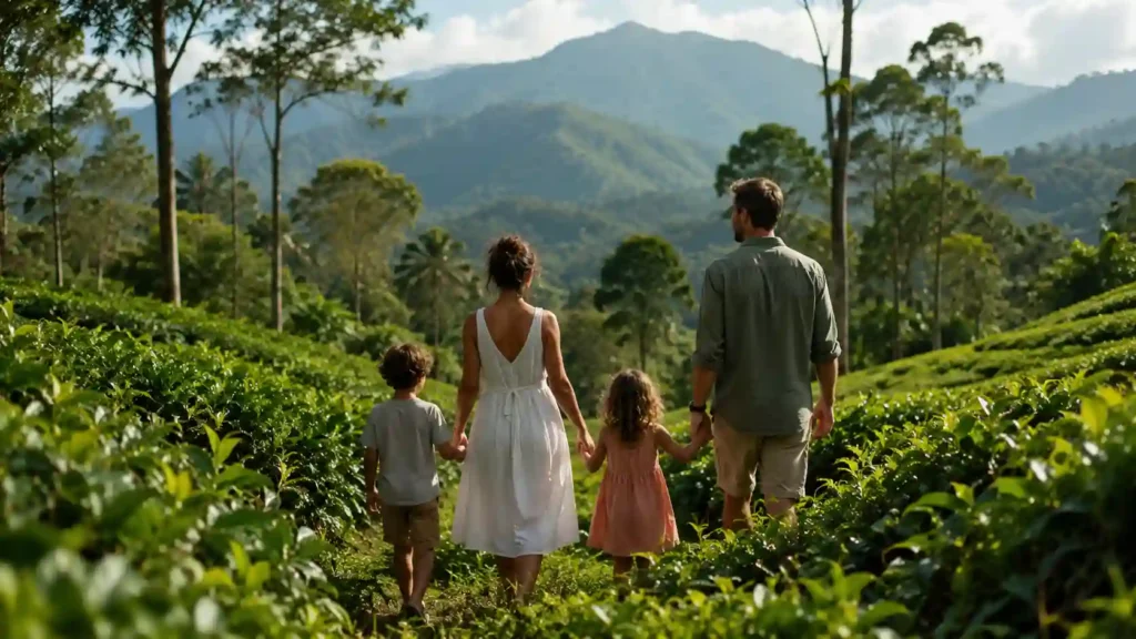 A family walking through a lush green Sri Lankan tea plantation holding hands fully present in the moment.ceylon signature | Ceylon Signature - Sri Lanka