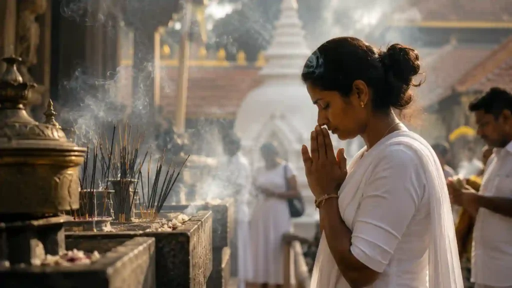 A quiet morning ritual in a Sri Lankan temple soft incense smoke respectful atmosphere feeling of living culture.ceylon signature | Ceylon Signature - Sri Lanka