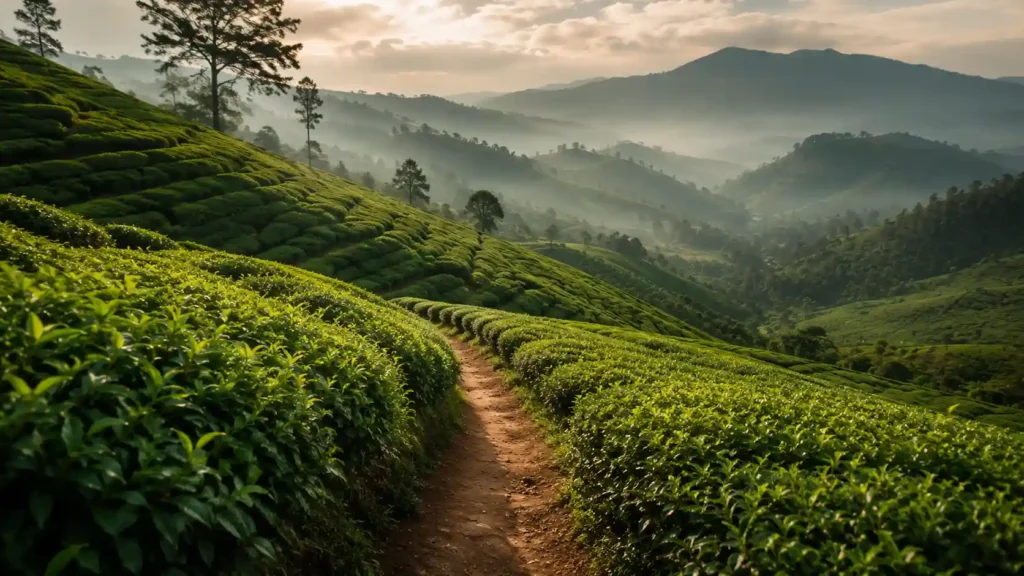 A solitary narrow path winding through tea bushes in the hill country. No people just vast green rolling hills. Cinematic ar 169A solitary narrow path winding through tea bushes in the hill count | Ceylon Signature - Sri Lanka