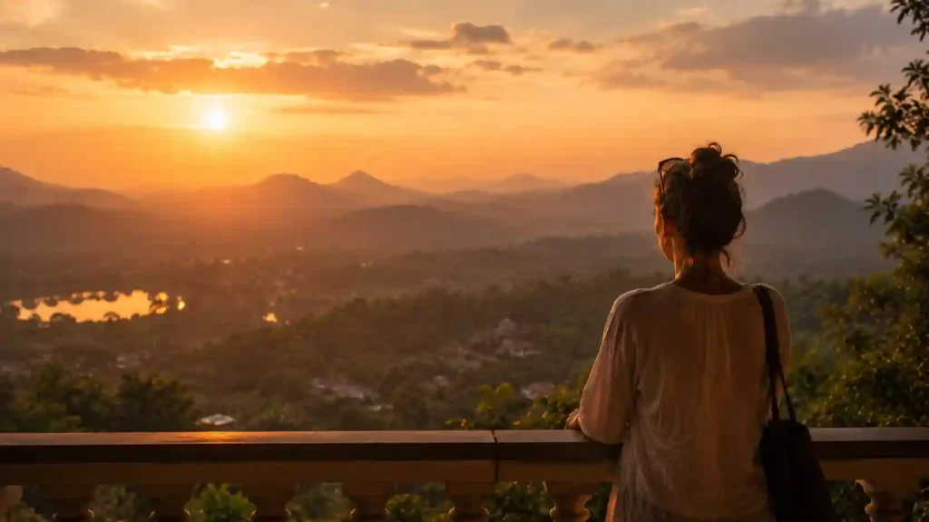 A traveler standing alone on a balcony at sunset, soft golden light, emotional atmosphere