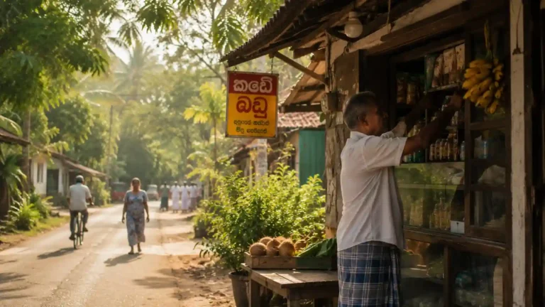 Daily life in a Sri Lankan village, locals opening small shops in the morning, authentic atmosphere